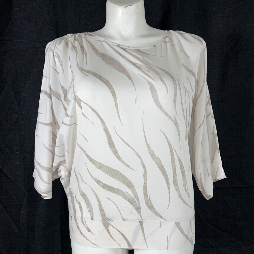 Chico's Blouse 1 M White‎ Beige Animal Print Smock Waist Band Dolman Sl Top LN